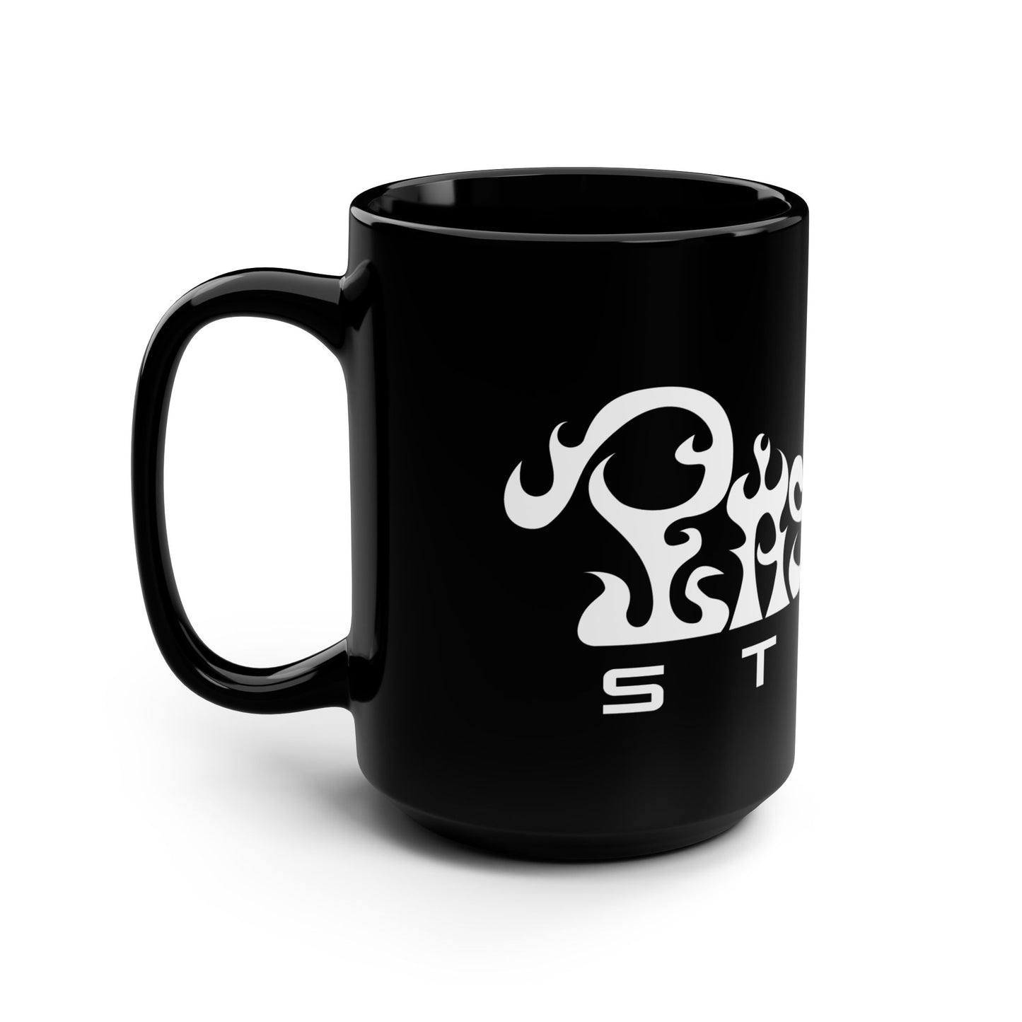 15oz Black Mug — Flame Logo Coffee Cup (Bold Streetwear Style)