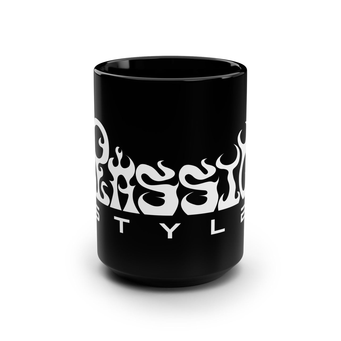 15oz Black Mug — Flame Logo Coffee Cup (Bold Streetwear Style)