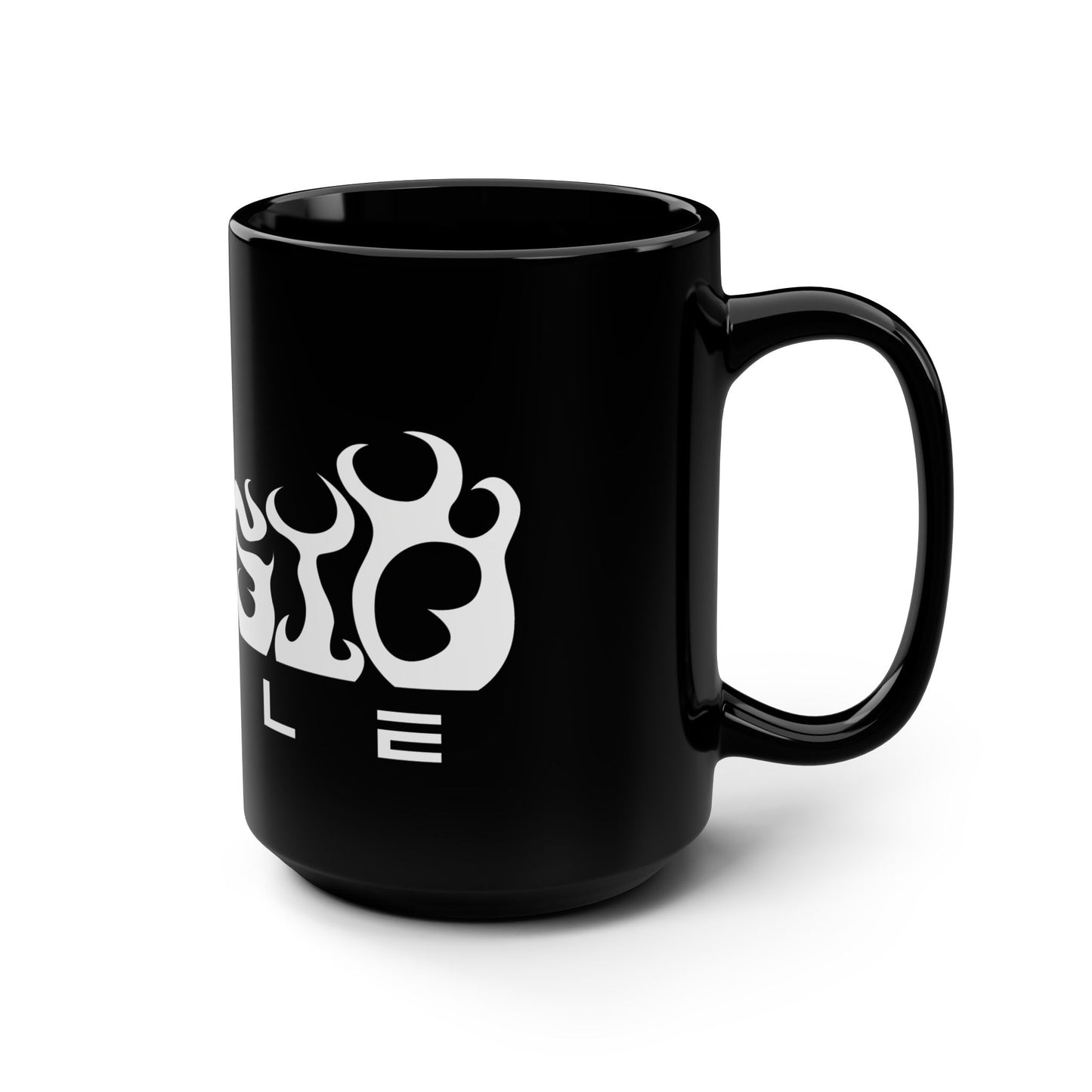 15oz Black Mug — Flame Logo Coffee Cup (Bold Streetwear Style)
